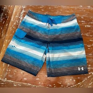 Under Armour Men's Loose Fit Striped Board Shorts‎ Swim Trunks Size 38 Blue Gray